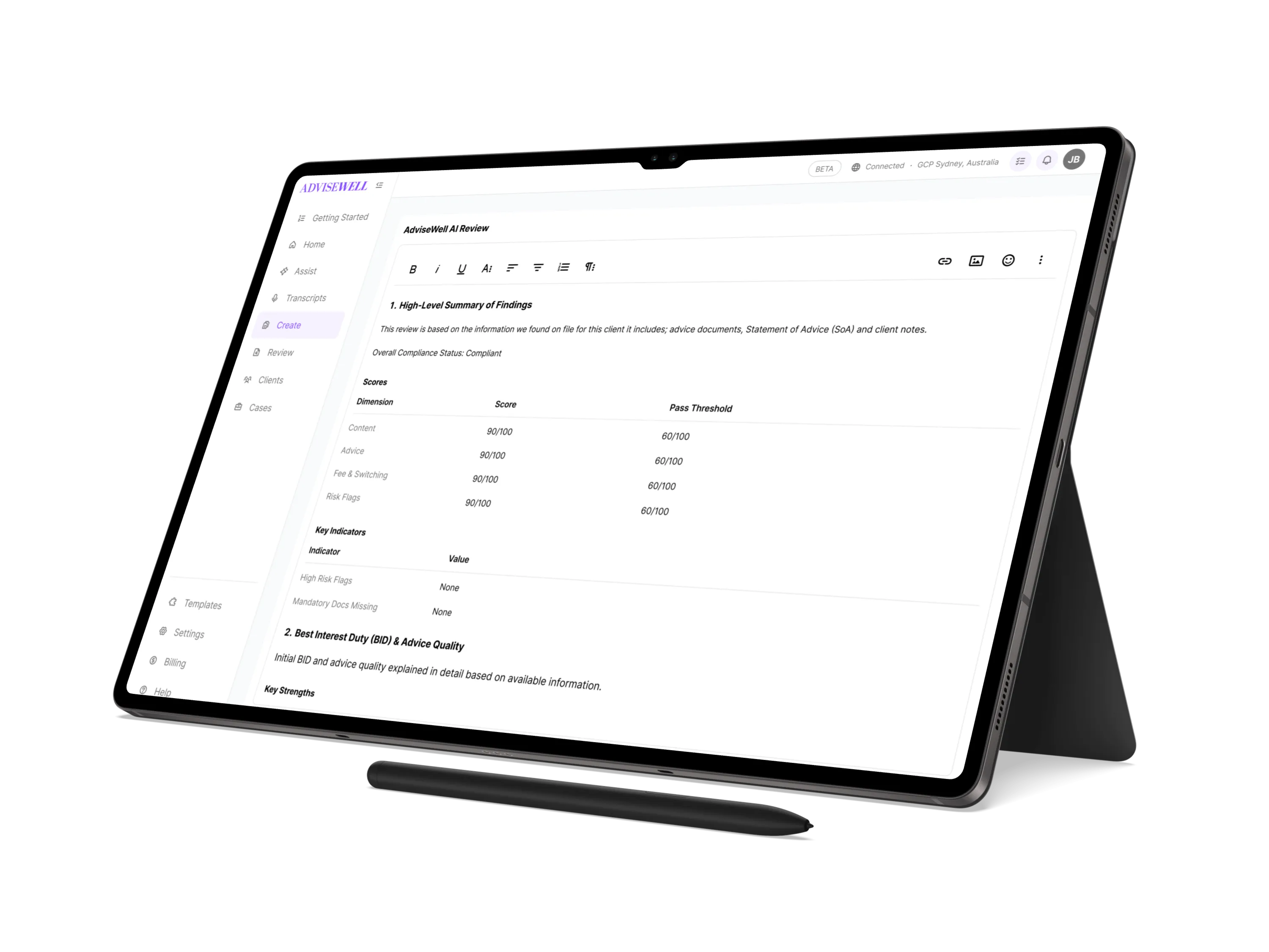 Samsung Galaxy Tab S8 Ultra tablet angled with stylus below, screen showing AdviseWell AI Review summary and scores interface.