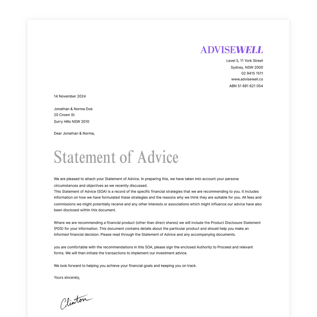 A statement of advice draft in AdviseWell