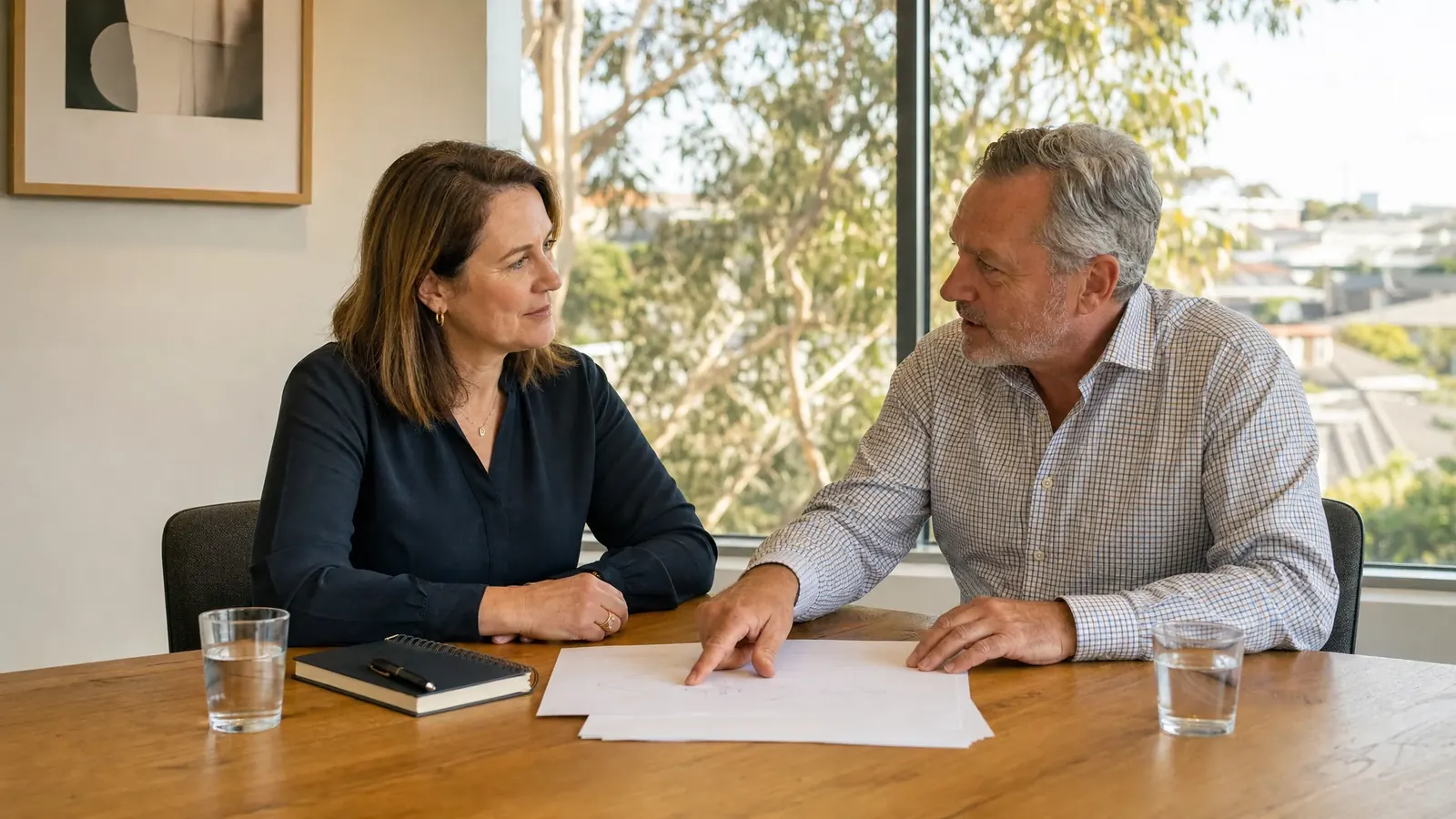 An adviser talks through a plan with a client in a bright meeting room