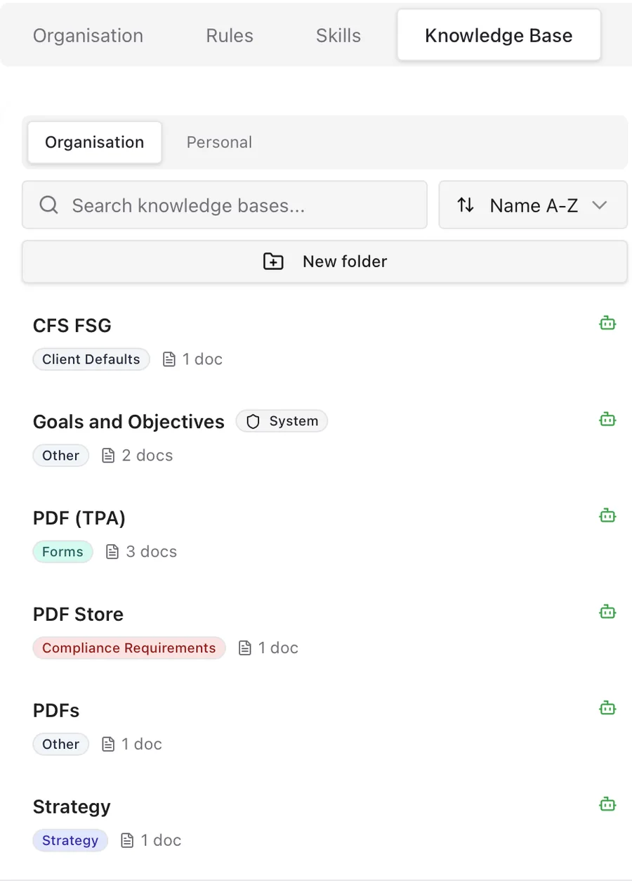Organisation settings in AdviseWell: rules, skills and a shared knowledge base