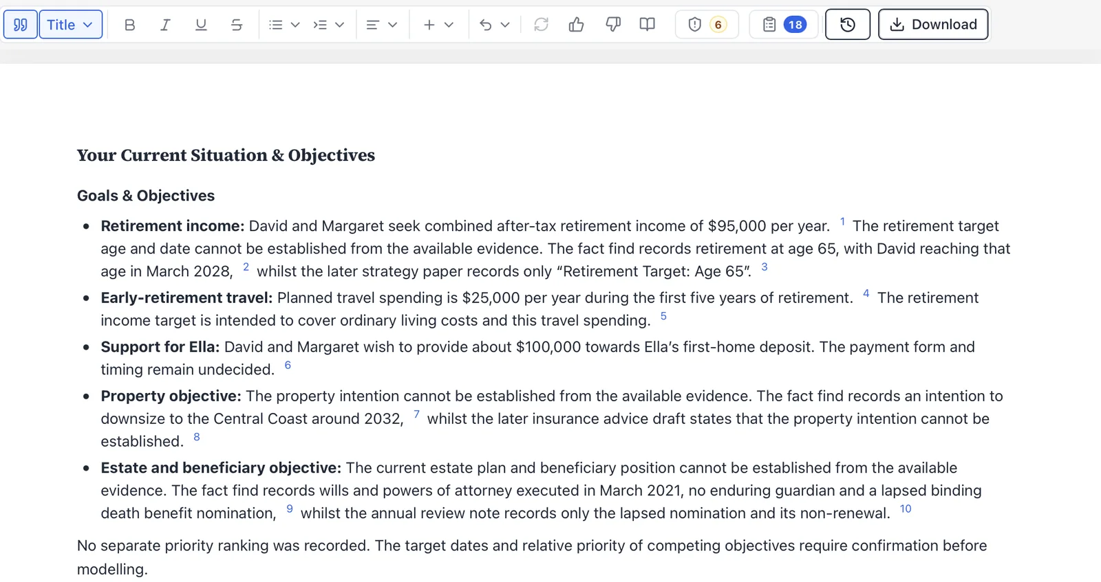 An AdviseWell statement of advice draft, with numbered source references beside each goal