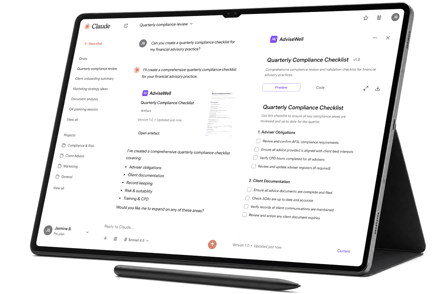 Claude Cowork showing an AdviseWell compliance checklist artifact